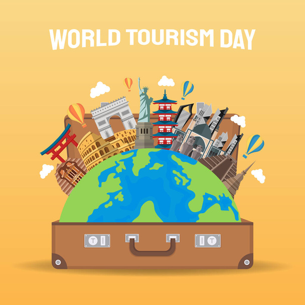 Χειροποίητη απεικόνιση της έννοιας της παγκόσμιας ημέρας τουρισμού. Εικονογράφηση διανύσματος - Διάνυσμα, εικόνα