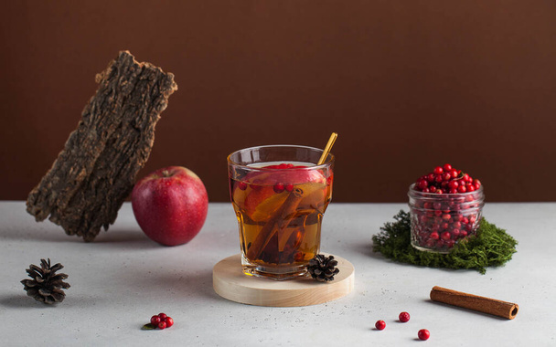 Banner. Trending photo of autumn hot tea with spices and berries. Autumn mood. Copy space. High quality photo - Photo, Image