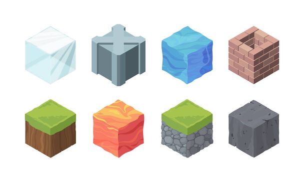 Isometric landscape cubes set. Play formations made of ice and metal grassy landscape with rocky soil lava water relief model made of bricks 3D geological block made clay. Vector game cartoon. - Vektor, obrázek