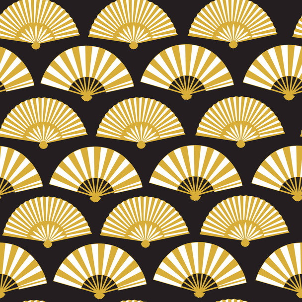 Japanese paper fan seamless pattern on black background - Vektör, Görsel