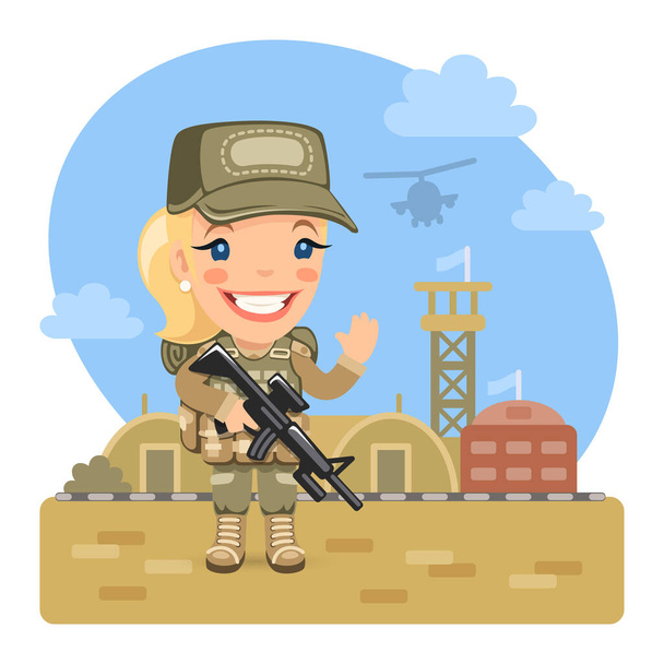 Ένας στρατιώτης κινουμένων σχεδίων με στολή στέκεται μπροστά σε μια στρατιωτική βάση και εξοπλισμό. Σύνθεση με επαγγελματική γυναίκα. Επίπεδο γυναικείο χαρακτήρα. - Διάνυσμα, εικόνα