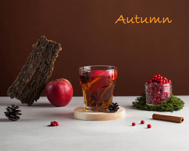 Banner. Trending photo of autumn hot tea with spices and berries. Autumn mood. Copy space. High quality photo - Photo, image