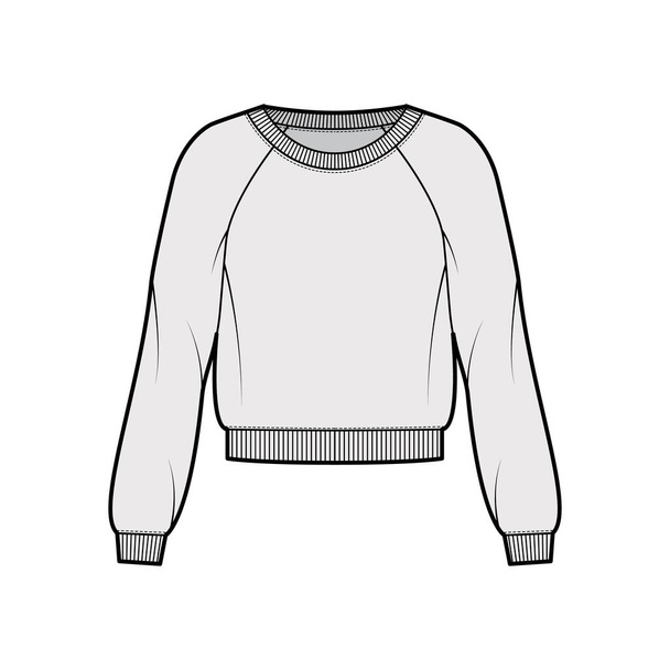 Cotton-terry sweatshirt technical fashion illustration with relaxed fit, scoop neckline, long raglan sleeves ribbed trim - Vector, Image
