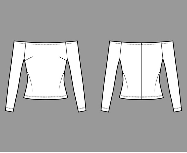 Illustrazione tecnica di moda off-the-spalla con vestibilità stretta, maniche lunghe, chiusura con zip nascosta lungo la schiena. - Vettoriali, immagini