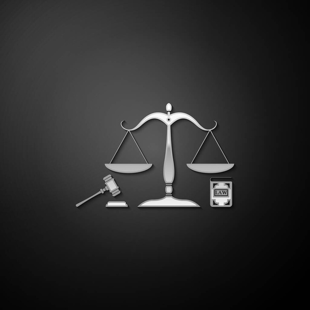 Silver Scales of justice, gavel and book icon isolated on black background. Symbol of law and justice. Concept law. Legal law and auction symbol. Long shadow style. Vector. - Vector, Image