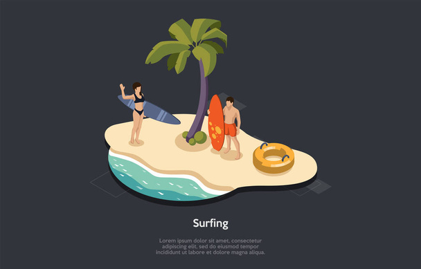 Vacances d'été, surf et vacances Concept. Personnages masculins et féminins avec équipement de surf. Surfeurs hommes et femmes avec planches de surf se rencontrent sur la plage. Illustration vectorielle ionique 3D colorée - Vecteur, image
