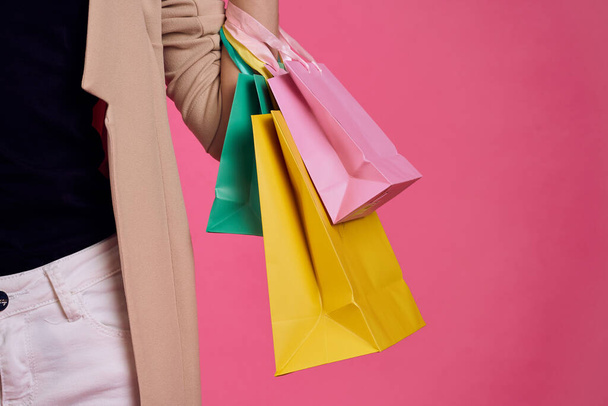 Multicolored packages Shopping lifestyle pink background - Photo, Image