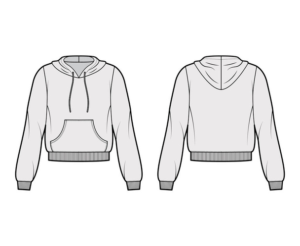 Cotton-fleece hoodie τεχνική επίδειξη μόδας με χαλαρή εφαρμογή, μακριά μανίκια, ραβδωτά διακοσμητικά, μπροστά πουλόβερ τσέπη - Διάνυσμα, εικόνα