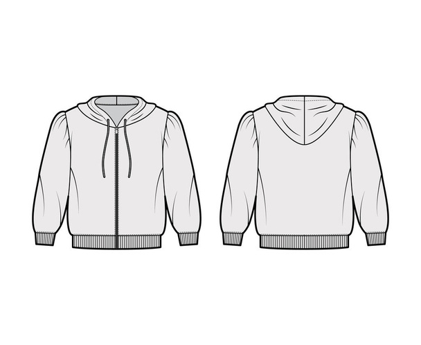 Zip-up περικοπή βαμβάκι-φανέλα hoodie τεχνική εικόνα μόδας με φουσκωτούς ώμους, μανίκια αγκώνα, ραβδώσεις διακοσμητικά - Διάνυσμα, εικόνα