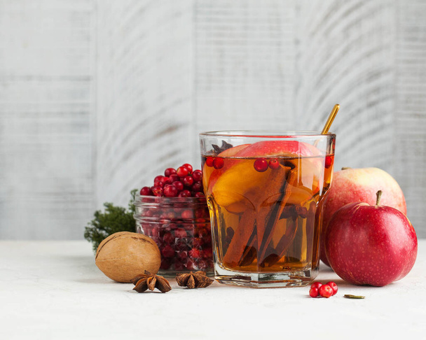 Autumn or winter food photo with hot tea with cinnamon, lemon, Apple, berries and spices. Copy space. Copy space. High quality photo - Photo, image
