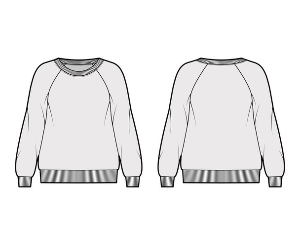 Огромный хлопок-махровый свитер техническая мода иллюстрация с лоскутным вырезом, длинные рукава реглан, ребристые отделки - Вектор,изображение