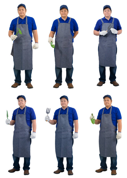 colección conjunto de asiático trabajador hombre en azul camisa con delantal y guantes de protección mano celebración pala aislado sobre fondo blanco - Foto, Imagen