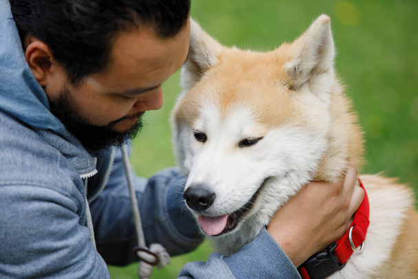 Bearded Guy knuffelt zijn Akita Inu hond op een groen grasveld. Selectieve focus, wazige achtergrond. - Foto, afbeelding