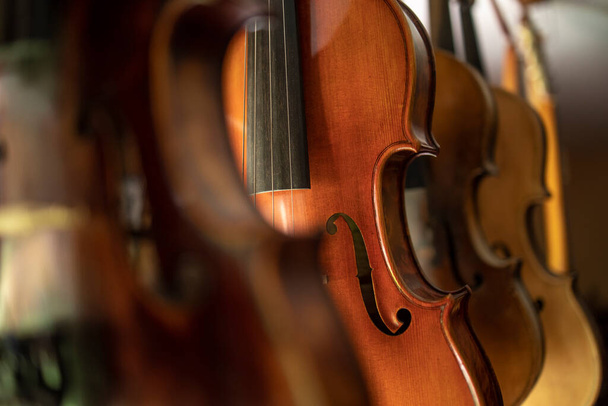 Nahaufnahme von Geigen Musikinstrument. - Foto, Bild