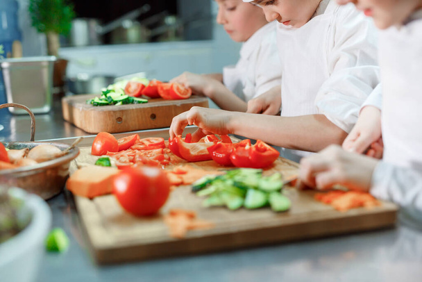 Children grind vegetables in the kitchen of a restaurant. - Foto, Bild