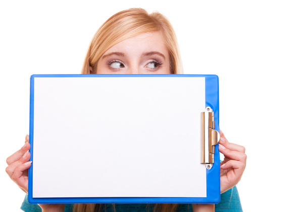 woman college student girl holds clipboard with blank - Φωτογραφία, εικόνα