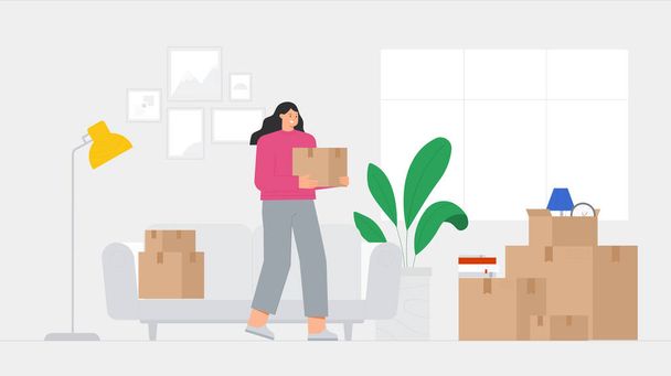Young female character holds a cardboard box in home interior. Concept moving to new house, relocation. Flat vector illustration in a modern style. - Vector, Image