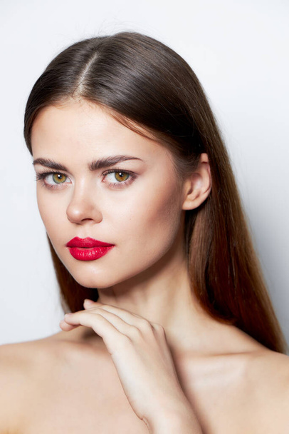 Charming woman Red lips clean skin attractive look bare shoulders  - Fotoğraf, Görsel