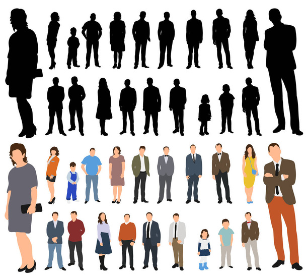 Vector isolated silhouettes set of people, a collection of silhouettes of men, women and children - Vector, Image