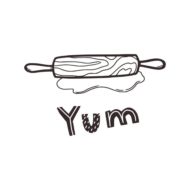 Linear sketch rolling pin for in doodle style.Lettering inscription "Yum". Cooking concept. Isolated on white background, stock vector illustration. - Vector, Image