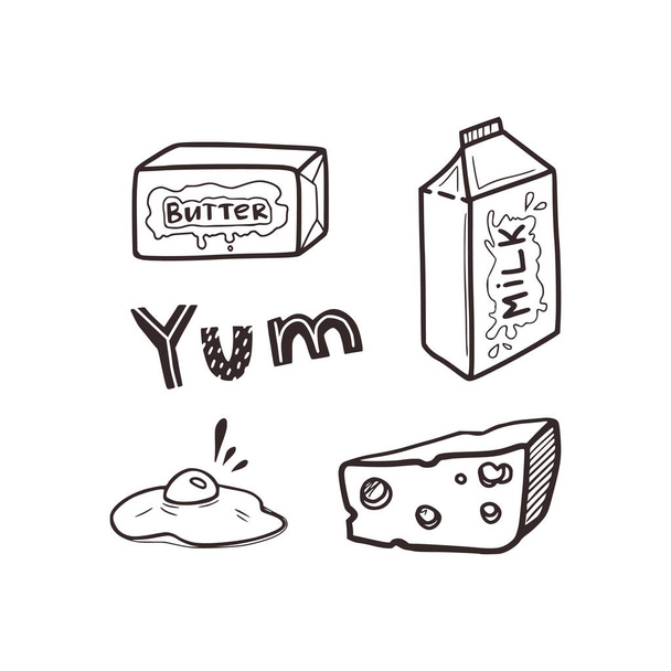Lineare Skizze der Produkte - ein Karton Milch, Butter, ein Stück Käse, ein Ei. Natürliche landwirtschaftliche Produkte. Kochkonzept. Isoliert auf weißem Hintergrund, Aktienvektorabbildung. - Vektor, Bild