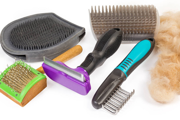 Various combs and brushes for care of pets hair and combed clump of red cat hair on a white background close-up - Photo, Image