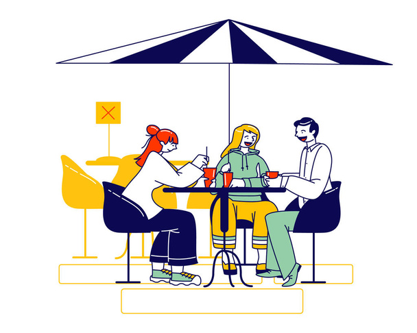 Los personajes de los visitantes se sientan en la mesa de café o restaurante al aire libre desinfectado bebiendo café y se comunican. Amigos se reúnen - Vector, Imagen