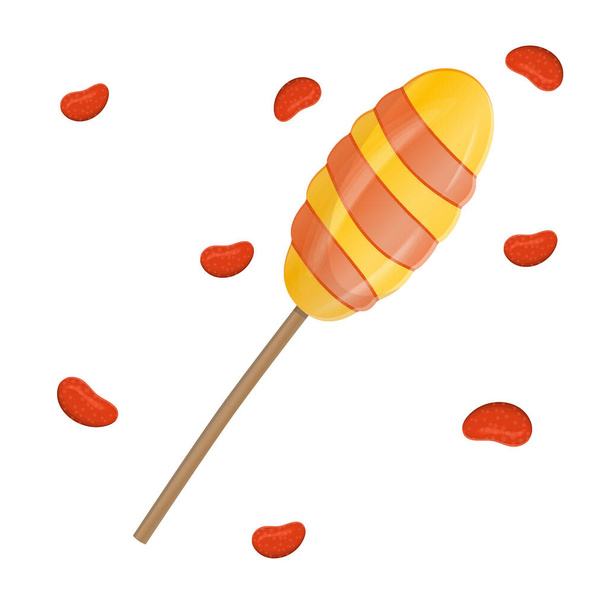 Een geel-rode Lollipop omringd door kleine snoepjes is geïsoleerd op een witte achtergrond. Vector illustratie in cartoon stijl. Leuk cadeautje voor kinderen voor nieuwjaar en Kerstmis en verschillende feestdagen. - Vector, afbeelding