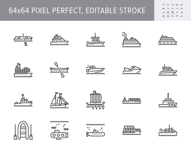 Hajó, hajó vonal ikonok. Vektor illusztráció tartalmazza ikon, mint a jacht, sétahajózás, teherszállítás, tengeralattjáró, komp, kenu, vitorlázó vázlat piktogram a vízi közlekedés. 64x64 Pixel Tökéletes szerkeszthető stroke. - Vektor, kép