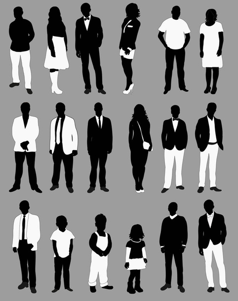 Vector, gente, conjunto de siluetas en blanco y negro - Vector, Imagen