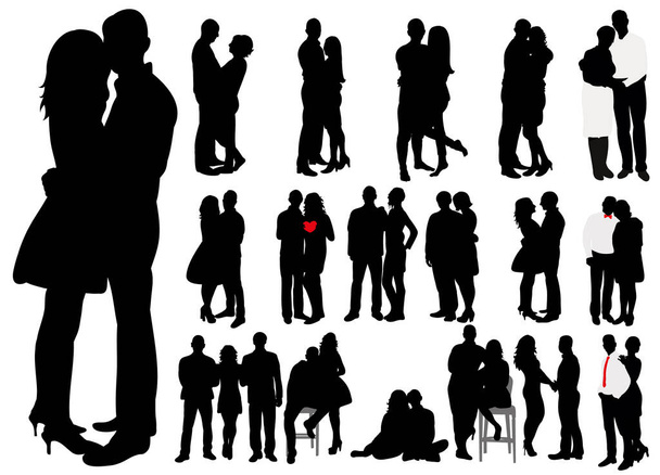 Silhouettes vectorielles, isolées, noires et blanches dans les couples amoureux, collection - Vecteur, image