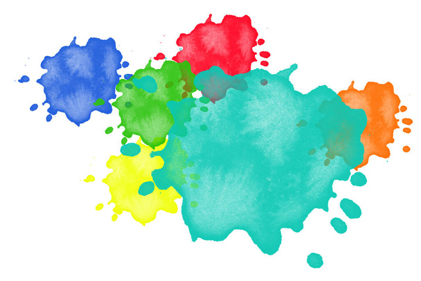 Mancha aquarela com gotículas, manchas, manchas, salpicos. Mancha multicolorida colorida em estilo grunge. Para projetar e decoração de fundos, banners, folhetos - Foto, Imagem