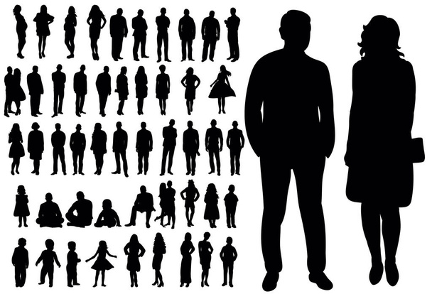 Набор силуэтов мужчин и женщин, людей, векторов, изолированных - Вектор,изображение