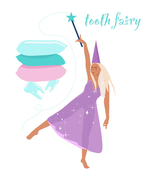 Tooth fairy holding a magic wand.Princess dancing in a transparent shiny dress barefoot.Milk teeth under a stack of pillows.Congratulations for baby and parents.Vector poster for children 's dentistry - Вектор,изображение