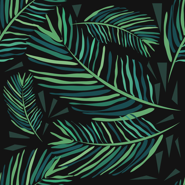Nahtloses Muster mit tropischen Blättern auf dunklem Hintergrund. Palmen und Monstera. Handgezeichneter Aquarell-Hintergrund. - Vektor, Bild