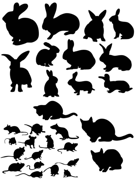 Vektor, izolovaná silueta sbírky krys, koček a králíků - Vektor, obrázek