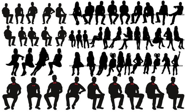 Sammlung von Silhouetten von sitzenden Menschen, Männern, Mädchen, Kindern - Vektor, Bild