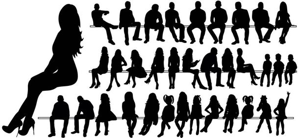 Vector, isolated, silhouette of a man women and children sitting, set - Vector, Image