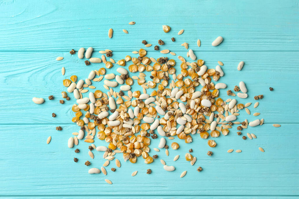 Mixed vegetable seeds on light blue wooden background, flat lay - Foto, Bild