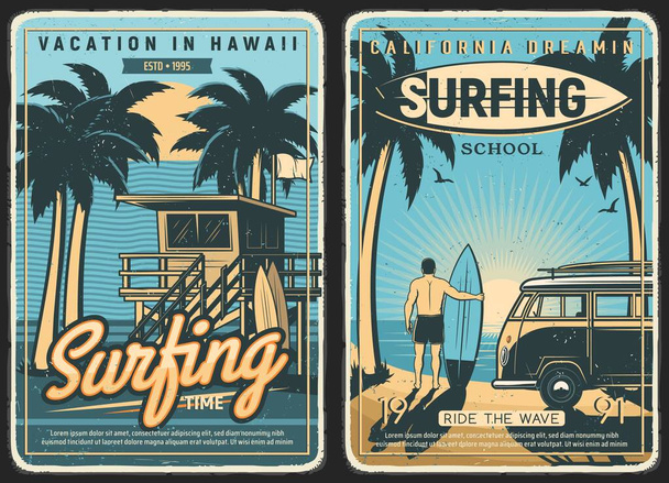 Eski sörf posterleri, sörf sahili yazları ve sörf tahtası ve vektörlü sörfçüler. Tropik Kaliforniya ve Hawaii okyanus dalgaları, deniz, güneş ve palmiyeler, sörf okulu ve yaz tatilleri, ada günbatımında araba minibüsü. - Vektör, Görsel