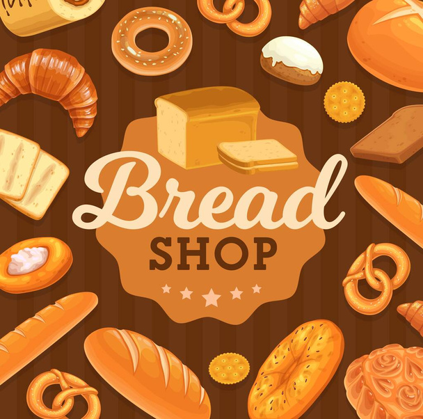 Kenyér és tészta vektor poszter. Sütőipari kenyér vagy bagett, szeletelt pullman kenyér, bagel és perec szezámmaggal, édes zsemle cukormázzal, focaccia, keksz és croissant. Érdekképviseleti zászló - Vektor, kép