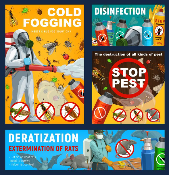 Plakáty s vektory ochrany proti škůdcům. Dezinfikování a deratizace studenou mlhou, kontrola hmyzu sanitární služby domácí dezinfekce a fumigace brouků, vyhlazování hlodavců a škůdců prapor - Vektor, obrázek