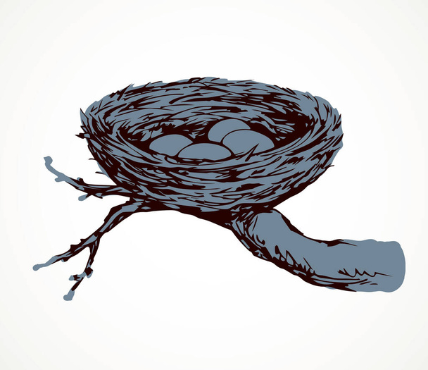 New twig woven eco birdnest on white backdrop. Line black ink hand drawn birdie embryo food object logo emblem sketchy in retro art doodle style pen on paper space for text. Closeup outline april view - Vector, Image