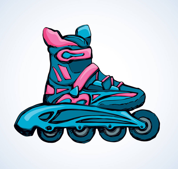 New turquoise rollerblade brake race casters inline design on white rink road backdrop. Vibrant teal color hand drawn rollerskate object logo emblem in retro art cartoon style. Closeup view with space for text - Vector, Image