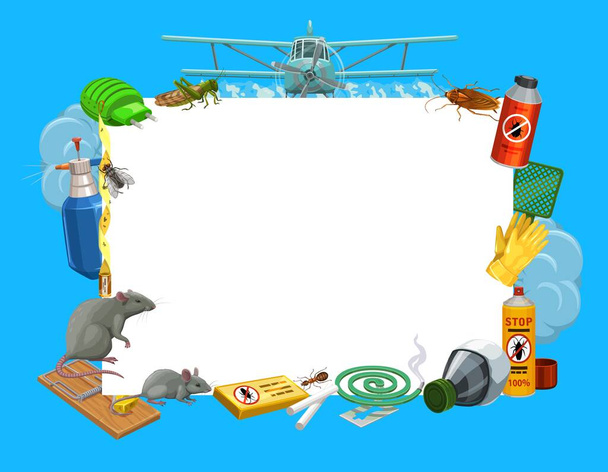 Frame with insects and pest control tools vector fumigator, locust and airplane with cockroach. Dichlorvos, swap and toxic aerosol, gloves, gas mask and coil with ant, rats, trap and fly with sprayer - Vector, Image