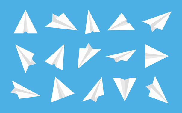 Paper plane. Origami airplane. White isometric icon for fly. Launch 3d aeroplane in flat style. Set of design logo on blue background. Travel and aviation concept. Startup of buisness idea. Vector. - Wektor, obraz