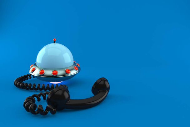 UFO with telephone handset isolated on blue background. 3d illustration - Zdjęcie, obraz