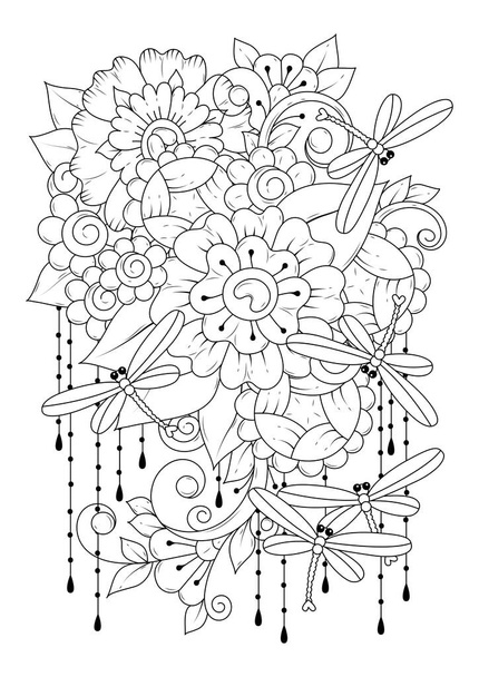 花やトンボを持つ子供や大人のための垂直着色ページ。ベクターイラスト、黒白の背景. - ベクター画像