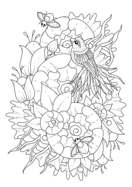 Vertical coloring page with flowers, bird and beetles. Vector illustration, black-white background. - Vector, Image