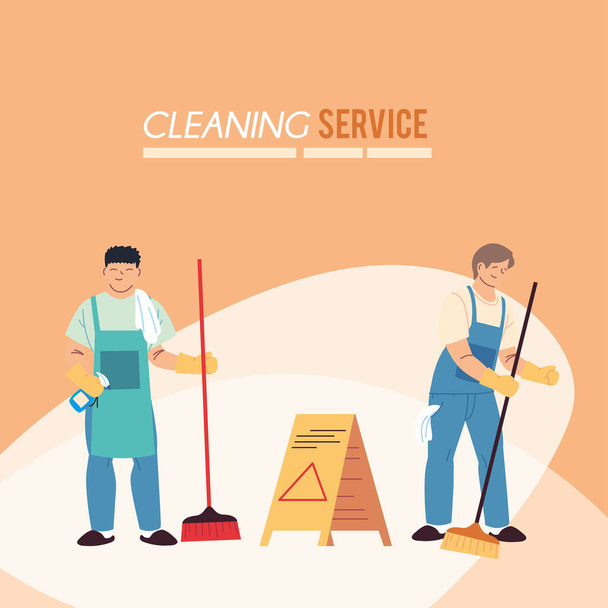 hommes avec tablier et balais pour le service de nettoyage - Vecteur, image